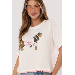 T-shirt z nadrukiem jamnika z falowanym wykończeniem