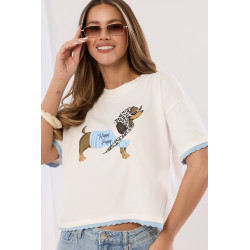 T-shirt z nadrukiem jamnika z falowanym wykończeniem