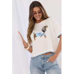 T-shirt z nadrukiem jamnika z falowanym wykończeniem