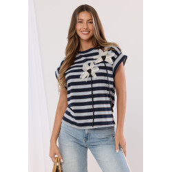 Bluzka w paski z trójwymiarowymi kwiatami 3D