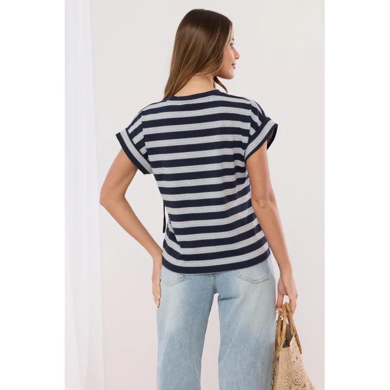 Bluzka w paski z trójwymiarowymi kwiatami 3D