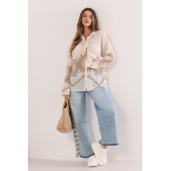 Koszula oversize boho z haftem i rozszerzanymi rękawami