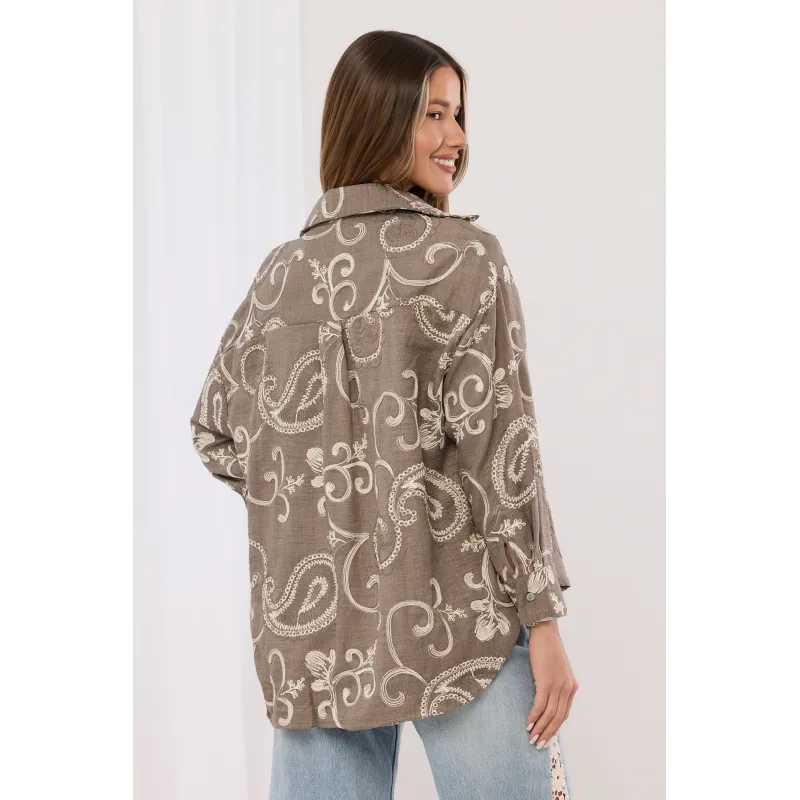 Lniana koszula oversize z haftowanym wzorem paisley