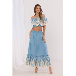 Komplet boho z crop topem i spódnicą maxi z ażurowym haftem