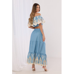 Komplet boho z crop topem i spódnicą maxi z ażurowym haftem