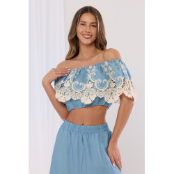 Komplet boho z crop topem i spódnicą maxi z ażurowym haftem