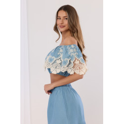 Komplet boho z crop topem i spódnicą maxi z ażurowym haftem