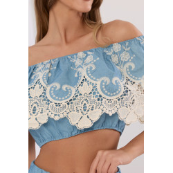 Komplet boho z crop topem i spódnicą maxi z ażurowym haftem