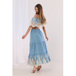 Komplet boho z crop topem i spódnicą maxi z ażurowym haftem