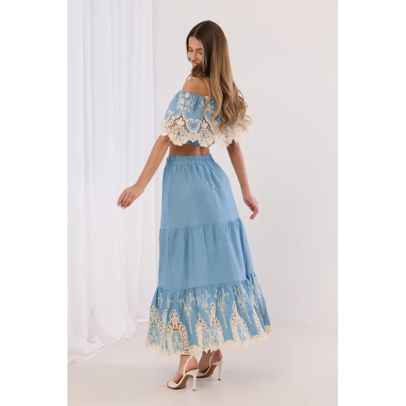 Komplet boho z crop topem i spódnicą maxi z ażurowym haftem