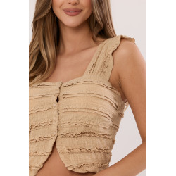 Teksturowany komplet z ozdobnymi falbanami i guzikami