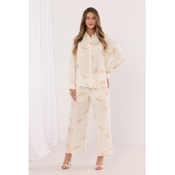 Komplet z teksturowanej tkaniny z roślinnym haftem