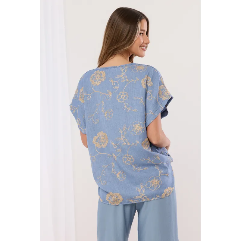 Bluzka z kontrastowym haftem florystycznym