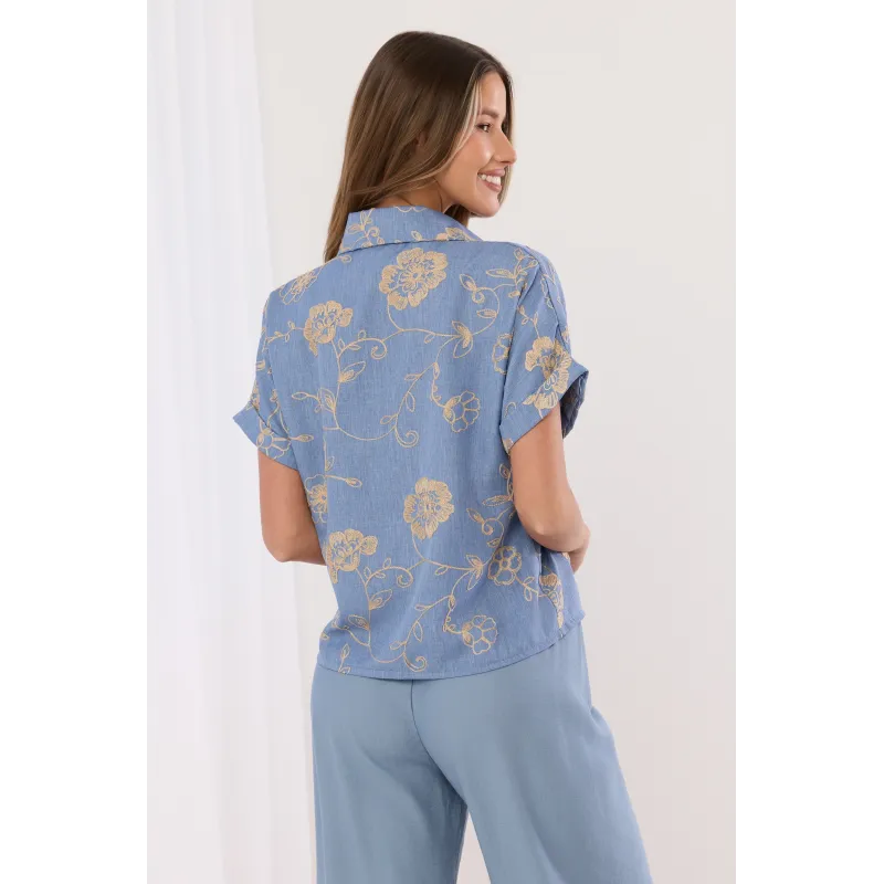 Koszula z haftem florystycznym i krótkim rękawem