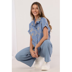 Koszula z haftem florystycznym i krótkim rękawem