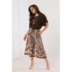 Wzorzyste spodnie kuloty z ozdobnym paskiem
