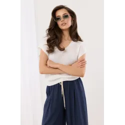 Dzianinowa bluzka z dekoltem V i krótkim rękawem