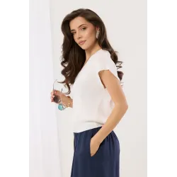 Dzianinowa bluzka z dekoltem V i krótkim rękawem