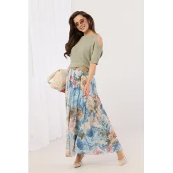 Długa spódnica w kwiaty z plecionym paskiem
