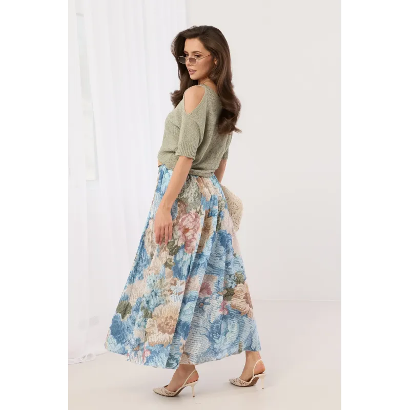 Długa spódnica w kwiaty z plecionym paskiem