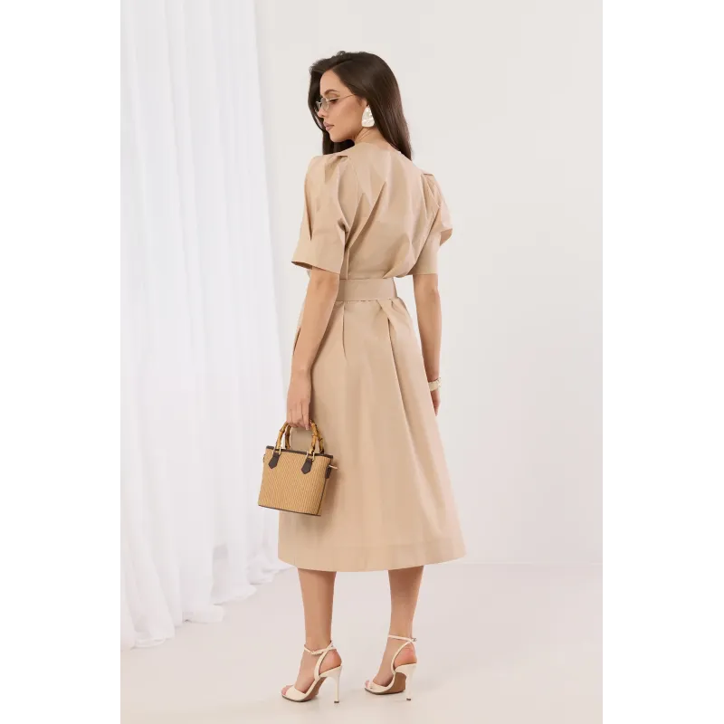 Sukienka midi z krótkim rękawem i wiązaniem w talii