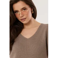 Dzianinowa bluzka z dekoltem V i krótkim rękawem
