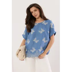Bluzka z florystycznym haftem i dekoracyjnym wykończeniem