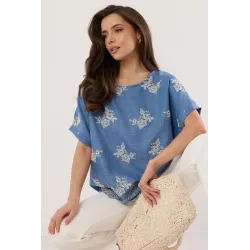 Bluzka z florystycznym haftem i dekoracyjnym wykończeniem