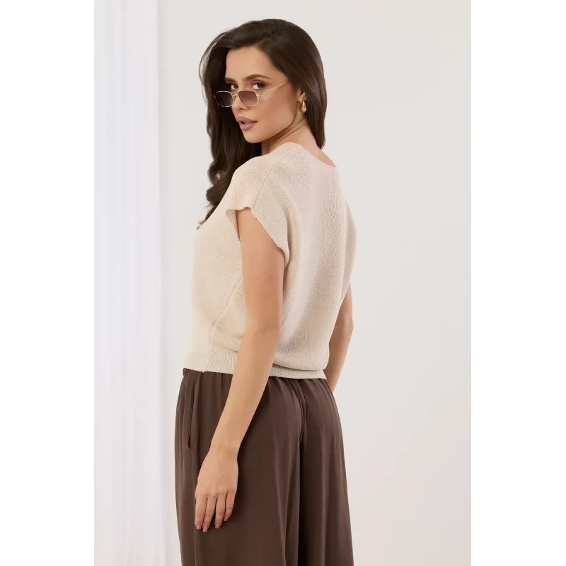 Dzianinowa bluzka z dekoltem V i krótkim rękawem