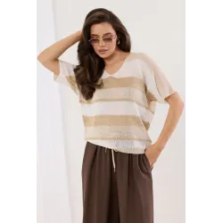 Dzianinowy sweter w poziome pasy z krótkim rękawem