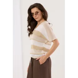 Dzianinowy sweter w poziome pasy z krótkim rękawem