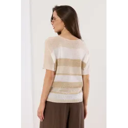 Dzianinowy sweter w poziome pasy z krótkim rękawem