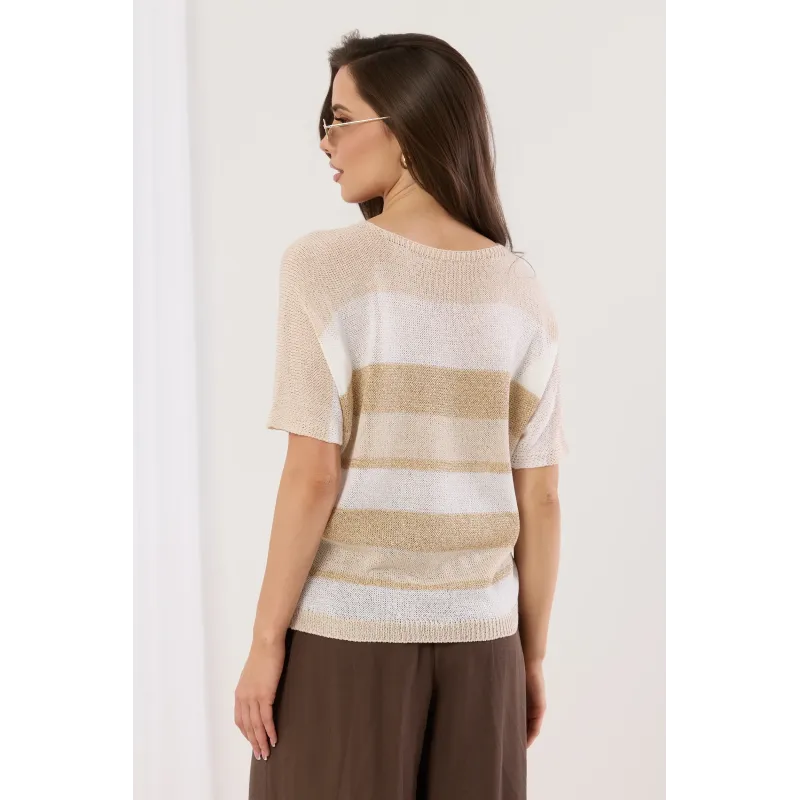 Dzianinowy sweter w poziome pasy z krótkim rękawem