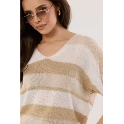 Dzianinowy sweter w poziome pasy z krótkim rękawem