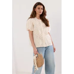 Koszula z ażurowym panelem i bufiastymi rękawami