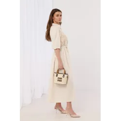 Sukienka maxi z szydełkową aplikacją i wiązaniem w talii