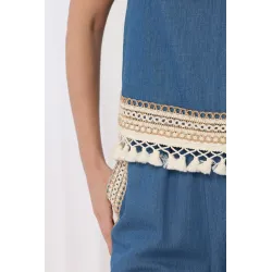 Komplet z topem i spodniami z haftem i frędzlami