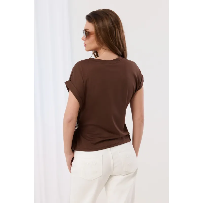 Bluzka z krótkim rękawem i ozdobnym wiązaniem z wzorem paisley