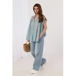 Lniana koszula bez rękawów z ażurowymi ramionami