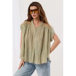 Lniana koszula bez rękawów z ażurowymi ramionami