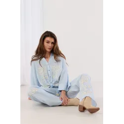 Lniany komplet boho z haftem kwiatowym