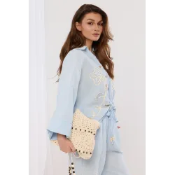 Lniany komplet boho z haftem kwiatowym