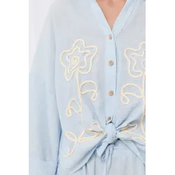 Lniany komplet boho z haftem kwiatowym