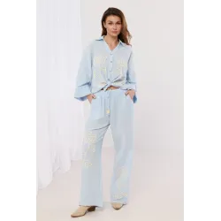 Lniany komplet boho z haftem kwiatowym