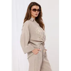 Lniany komplet boho z haftem kwiatowym