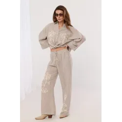 Lniany komplet boho z haftem kwiatowym