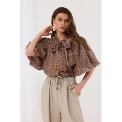 Koszula w grochy z bufiastymi rękawami i wiązaniem pod szyją