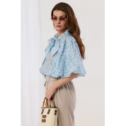 Koszula w grochy z bufiastymi rękawami i wiązaniem pod szyją