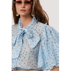 Koszula w grochy z bufiastymi rękawami i wiązaniem pod szyją