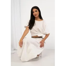 Komplet z asymetryczną bluzką i spódnicą midi z paskiem
